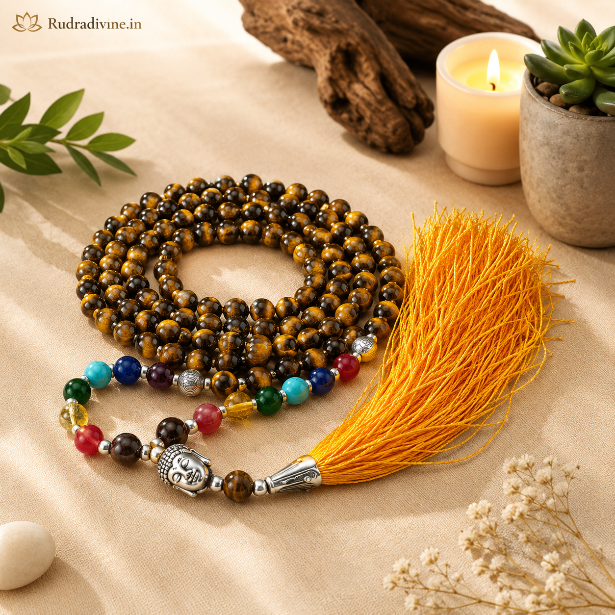 7 Chakra with Tiger Eye Mala 108+1 Beads 6MM crafted with natural Tiger Eye and seven chakra gemstones with official Lab Certificate by Rudradivine for chakra balancing, meditation, confidence and spiritual wellness.