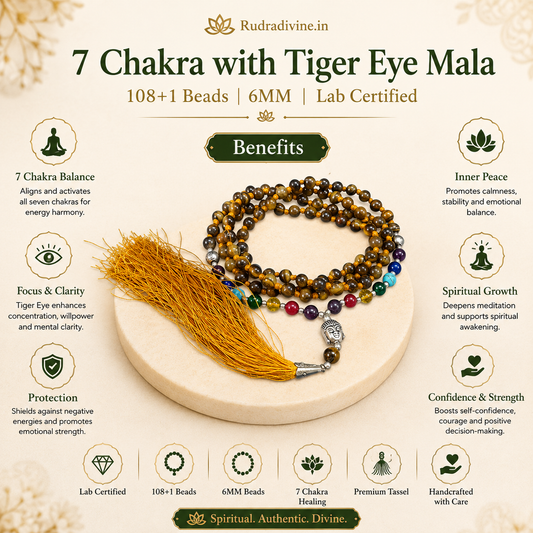 7 Chakra with Tiger Eye Mala 108+1 Beads 6MM crafted with natural Tiger Eye and seven chakra gemstones with official Lab Certificate by Rudradivine for chakra balancing, meditation, confidence and spiritual wellness.