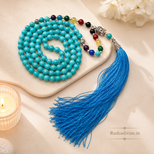 7 Chakra with Turquoise Mala 108+1 Beads crafted with natural 6MM Turquoise and seven chakra gemstones, featuring an official Lab Certificate by Rudradivine for meditation, chakra balancing, healing, and spiritual wellness.