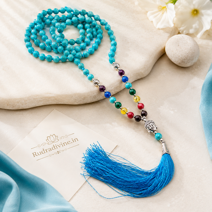 7 Chakra with Turquoise Mala 108+1 Beads crafted with natural 6MM Turquoise and seven chakra gemstones, featuring an official Lab Certificate by Rudradivine for meditation, chakra balancing, healing, and spiritual wellness.