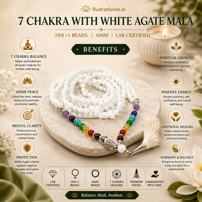 7 Chakra with White Agate Mala 108+1 Beads 6MM crafted with natural White Agate and seven chakra gemstones with official Lab Certificate by Rudradivine for chakra healing, meditation and spiritual wellness.