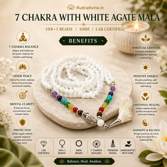 7 Chakra with White Agate Mala 108+1 Beads 6MM crafted with natural White Agate and seven chakra gemstones with official Lab Certificate by Rudradivine for chakra healing, meditation and spiritual wellness.