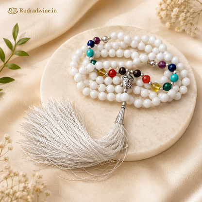 7 Chakra with White Agate Mala 108+1 Beads 6MM crafted with natural White Agate and seven chakra gemstones with official Lab Certificate by Rudradivine for chakra healing, meditation and spiritual wellness.