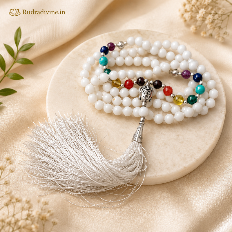 7 Chakra with White Agate Mala 108+1 Beads 6MM crafted with natural White Agate and seven chakra gemstones with official Lab Certificate by Rudradivine for chakra healing, meditation and spiritual wellness.