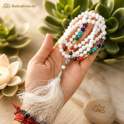 7 Chakra with White Agate Mala 108+1 Beads 6MM crafted with natural White Agate and seven chakra gemstones with official Lab Certificate by Rudradivine for chakra healing, meditation and spiritual wellness.