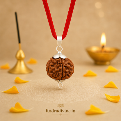 7 Mukhi (Seven Face) Rudraksha Pendant featuring a natural Rudraksha bead, associated with Goddess Mahalakshmi, with an official Lab Certificate by Rudradivine for meditation, spiritual devotion, prosperity, and daily wear.