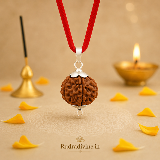 7 Mukhi (Seven Face) Rudraksha Pendant featuring a natural Rudraksha bead, associated with Goddess Mahalakshmi, with an official Lab Certificate by Rudradivine for meditation, spiritual devotion, prosperity, and daily wear.