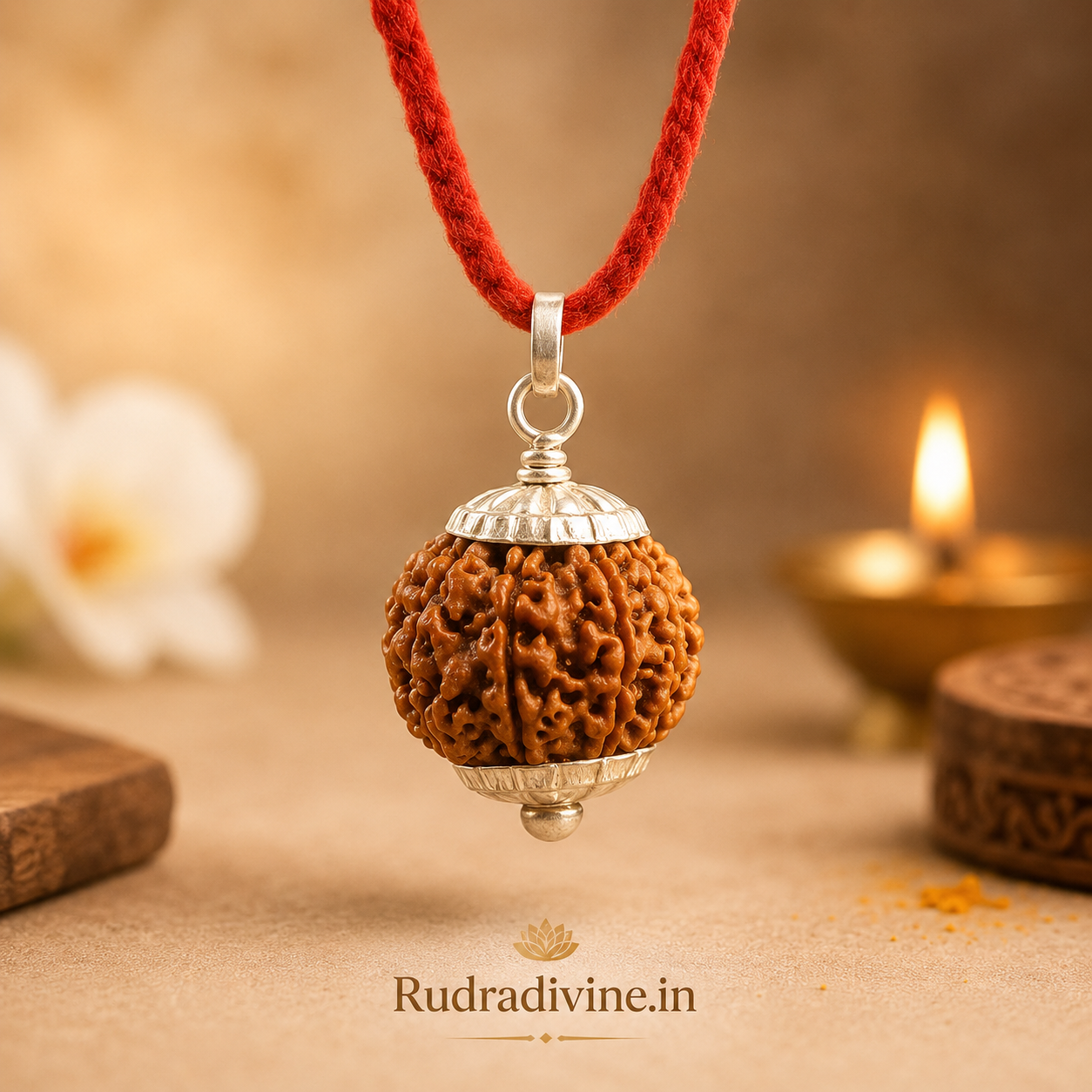 8 Mukhi Rudraksha Eight Face Pendant crafted from natural Rudraksha with official Lab Certificate by Rudradivine, associated with Lord Ganesha for spiritual devotion.