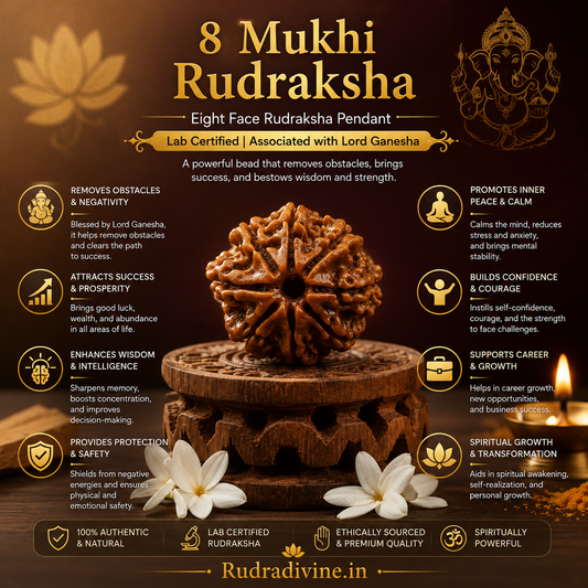 8 Mukhi Rudraksha Eight Face Pendant crafted from natural Rudraksha with official Lab Certificate by Rudradivine, associated with Lord Ganesha for spiritual devotion.