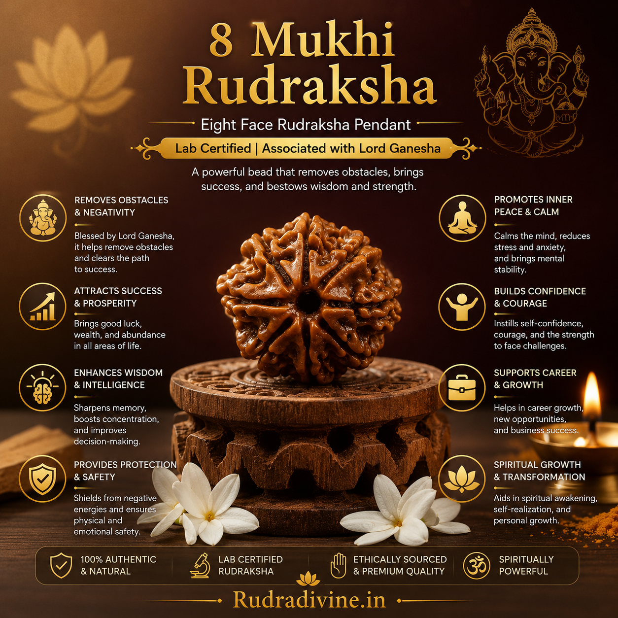 8 Mukhi Rudraksha Eight Face Pendant crafted from natural Rudraksha with official Lab Certificate by Rudradivine, associated with Lord Ganesha for spiritual devotion.