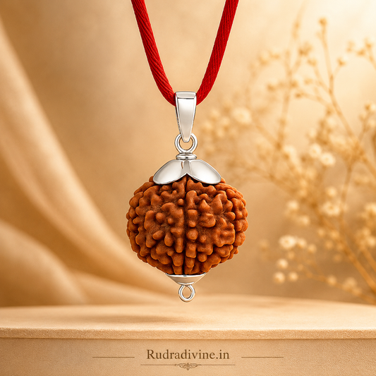 Original 9 Mukhi Rudraksha Nine Face Pendant associated with Goddess Durga, lab certified natural Rudraksha by Rudra Divine for spiritual protection and meditation.