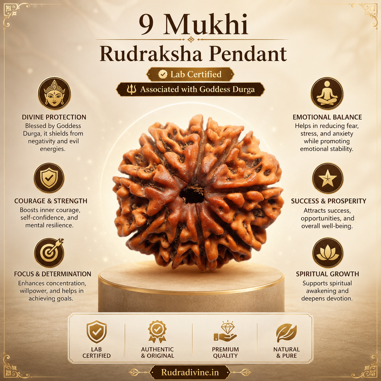 Original 9 Mukhi Rudraksha Nine Face Pendant associated with Goddess Durga, lab certified natural Rudraksha by Rudra Divine for spiritual protection and meditation.