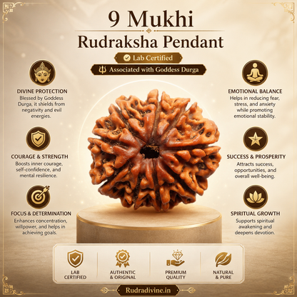 Original 9 Mukhi Rudraksha Nine Face Pendant associated with Goddess Durga, lab certified natural Rudraksha by Rudra Divine for spiritual protection and meditation.