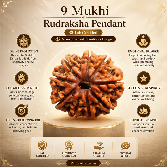 Original 9 Mukhi Rudraksha Nine Face Pendant associated with Goddess Durga, lab certified natural Rudraksha by Rudra Divine for spiritual protection and meditation.