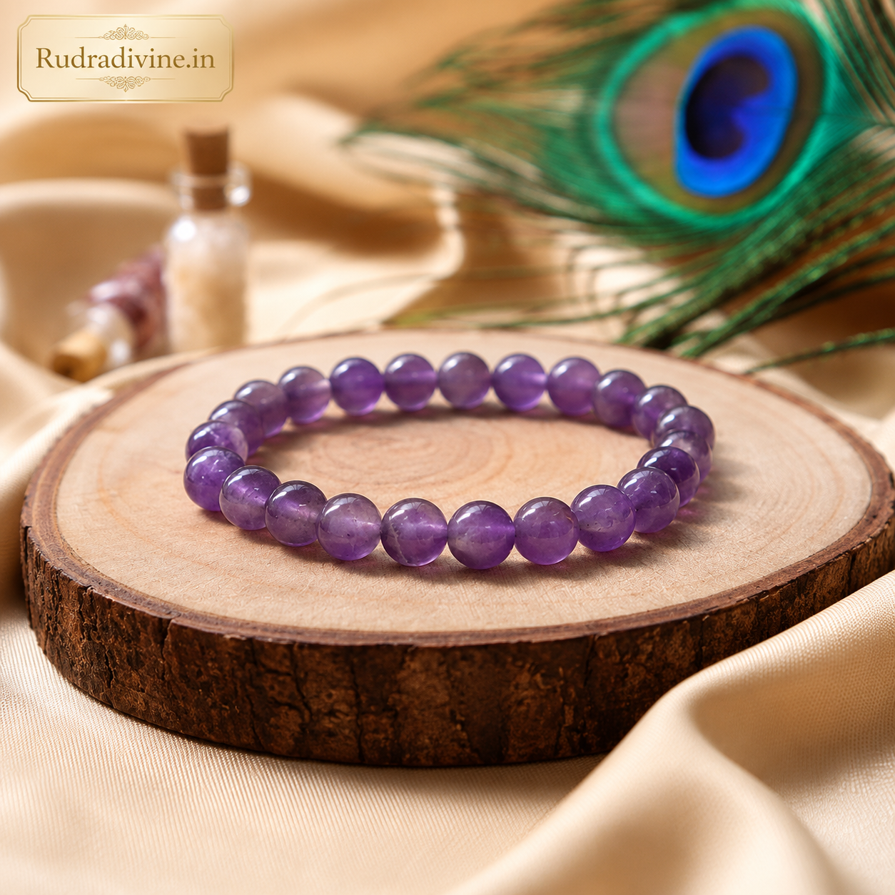 Amethyst Bracelet crafted with natural 8MM amethyst gemstones and official Lab Certificate by Rudradivine for meditation, spiritual healing, emotional balance and everyday wear.