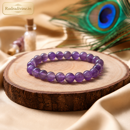 Amethyst Bracelet crafted with natural 8MM amethyst gemstones and official Lab Certificate by Rudradivine for meditation, spiritual healing, emotional balance and everyday wear.