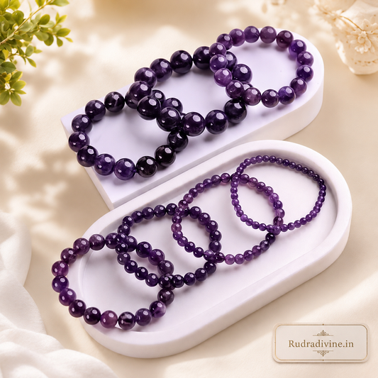 Amethyst Bracelet crafted with natural 8MM amethyst gemstones and official Lab Certificate by Rudradivine for meditation, spiritual healing, emotional balance and everyday wear.