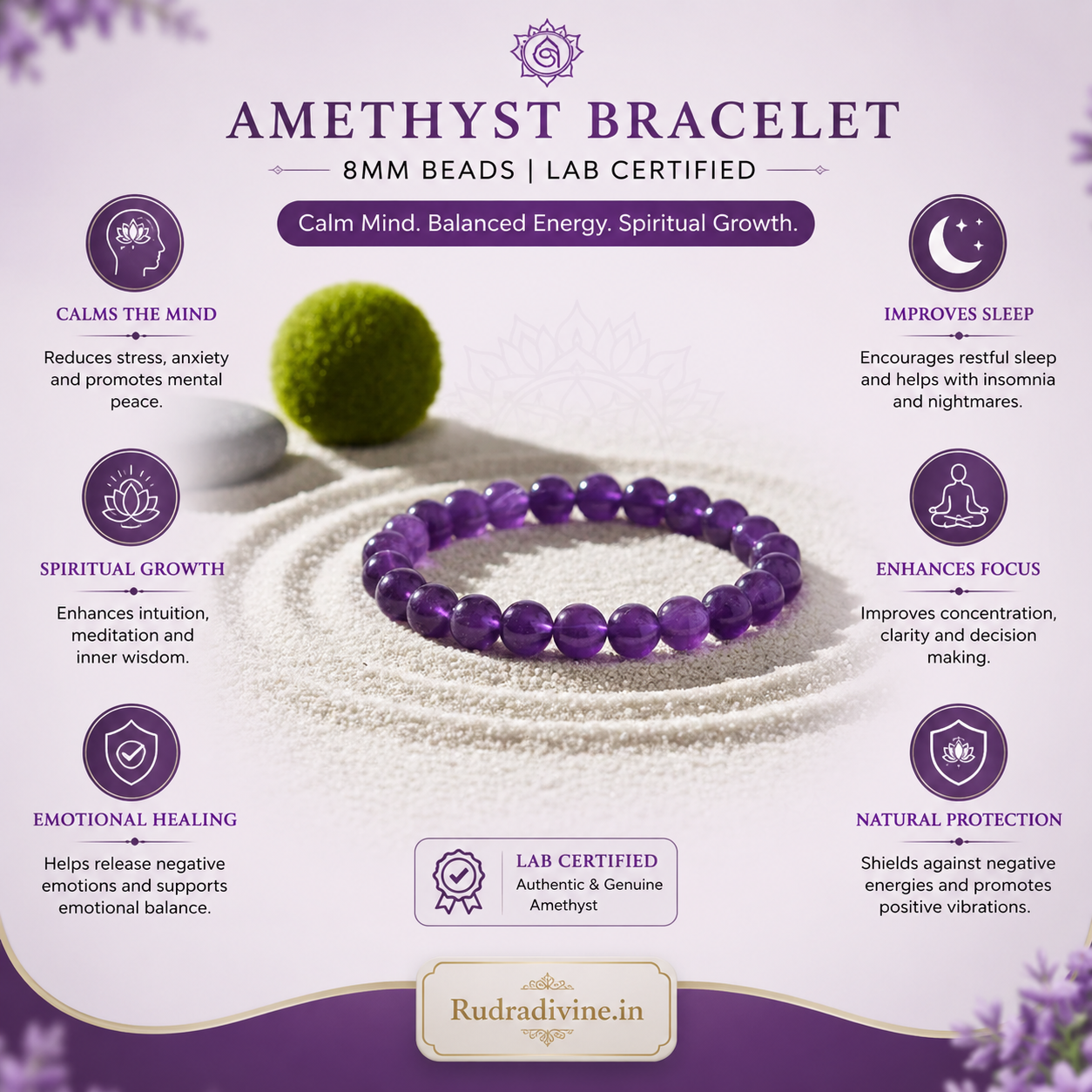 Amethyst Bracelet crafted with natural 8MM amethyst gemstones and official Lab Certificate by Rudradivine for meditation, spiritual healing, emotional balance and everyday wear.