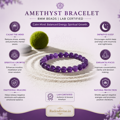 Amethyst Bracelet crafted with natural 8MM amethyst gemstones and official Lab Certificate by Rudradivine for meditation, spiritual healing, emotional balance and everyday wear.