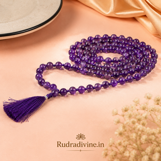 Amethyst Mala 108+1 Beads with natural 8MM amethyst gemstones and official Lab Certificate by Rudra Divine for meditation, spiritual healing and daily chanting.