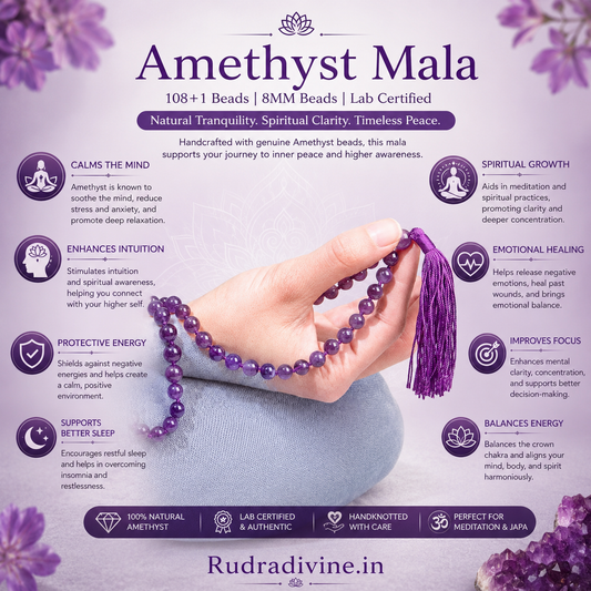 Amethyst Mala 108+1 Beads with natural 8MM amethyst gemstones and official Lab Certificate by Rudra Divine for meditation, spiritual healing and daily chanting.