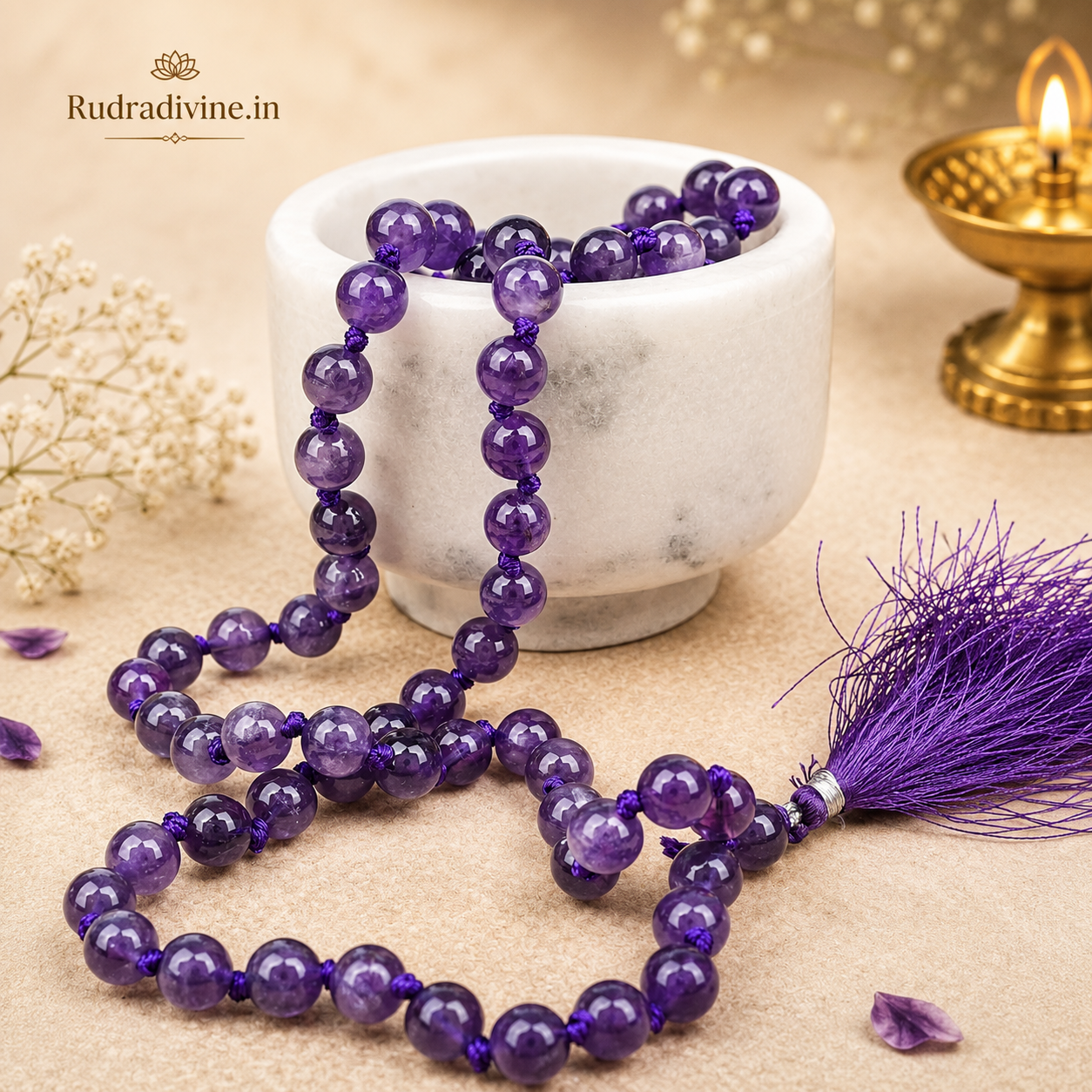 Amethyst Mala 108+1 Beads with natural 8MM amethyst gemstones and official Lab Certificate by Rudra Divine for meditation, spiritual healing and daily chanting.