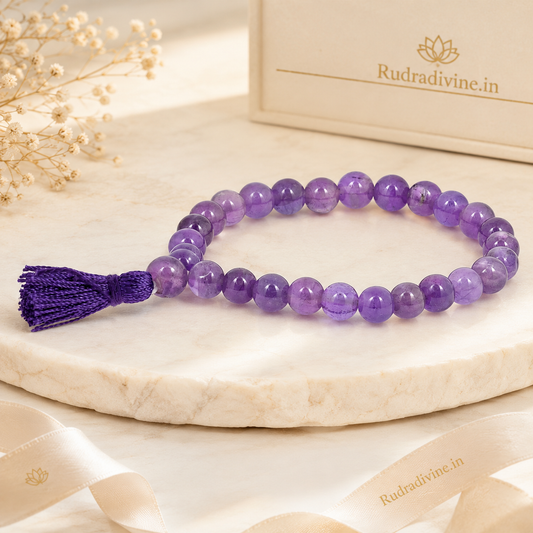 Amethyst Mala 27+1 Beads crafted with natural 8MM amethyst gemstones and official Lab Certificate by Rudradivine for meditation, spiritual healing and daily chanting.