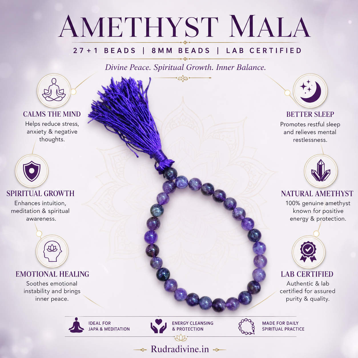 Amethyst Mala 27+1 Beads crafted with natural 8MM amethyst gemstones and official Lab Certificate by Rudradivine for meditation, spiritual healing and daily chanting.