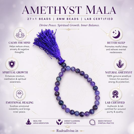 Amethyst Mala 27+1 Beads crafted with natural 8MM amethyst gemstones and official Lab Certificate by Rudradivine for meditation, spiritual healing and daily chanting.