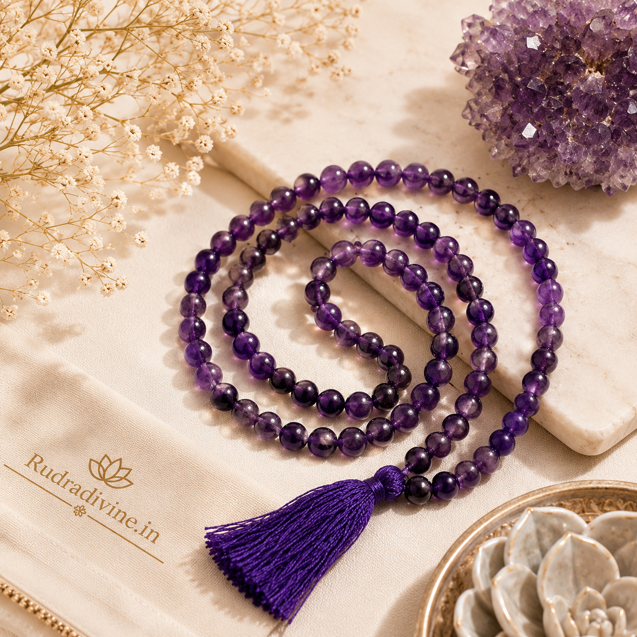 Amethyst Mala 54+1 Beads crafted with natural 8MM amethyst gemstones and official Lab Certificate by Rudra Divine for meditation, spiritual healing and daily chanting.