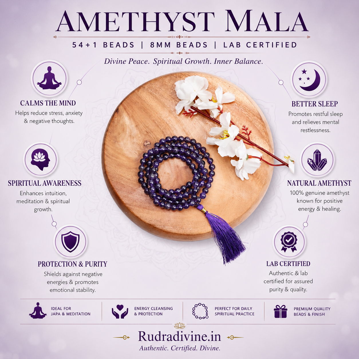 Amethyst Mala 54+1 Beads crafted with natural 8MM amethyst gemstones and official Lab Certificate by Rudra Divine for meditation, spiritual healing and daily chanting.