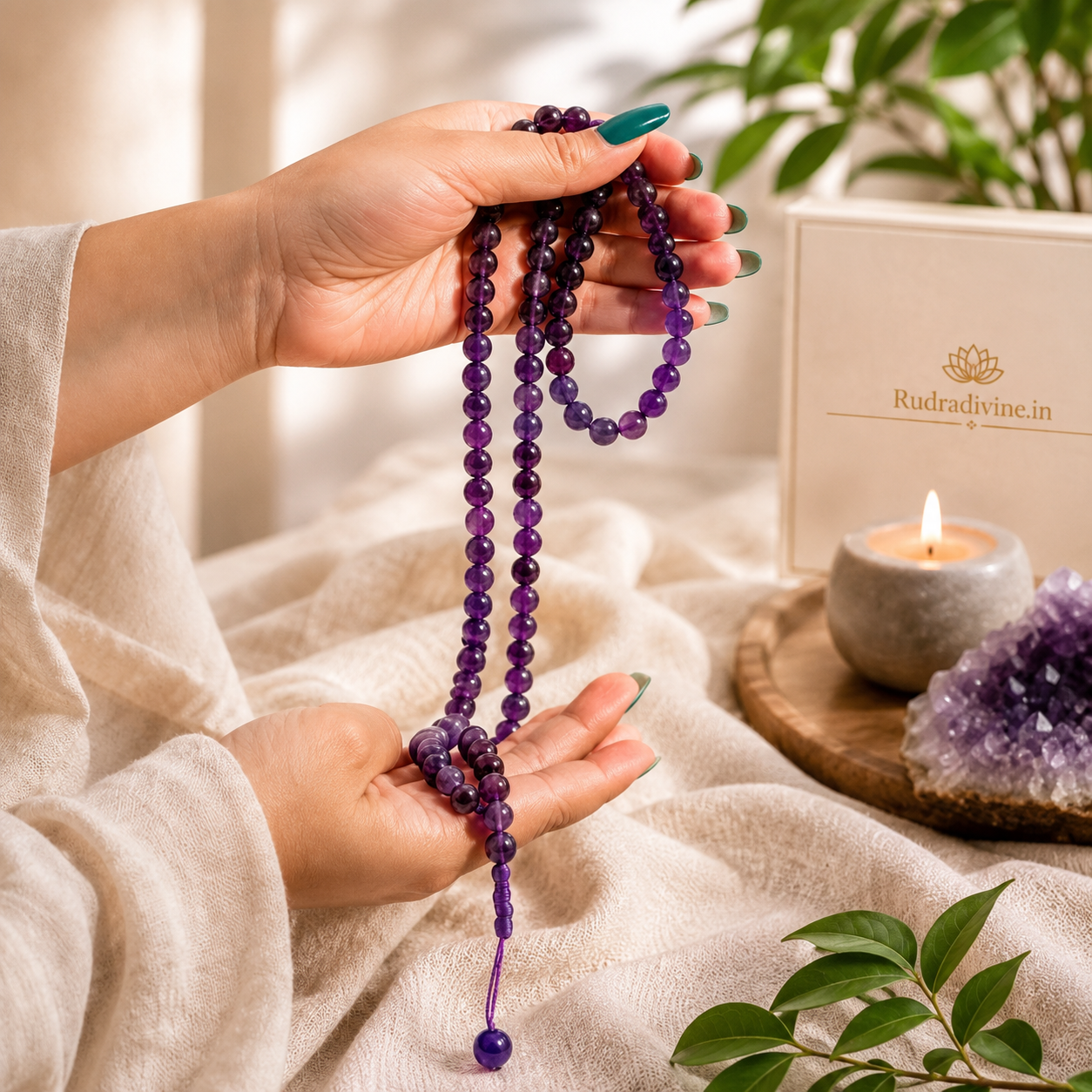 Amethyst Mala 54+1 Beads crafted with natural 8MM amethyst gemstones and official Lab Certificate by Rudra Divine for meditation, spiritual healing and daily chanting.