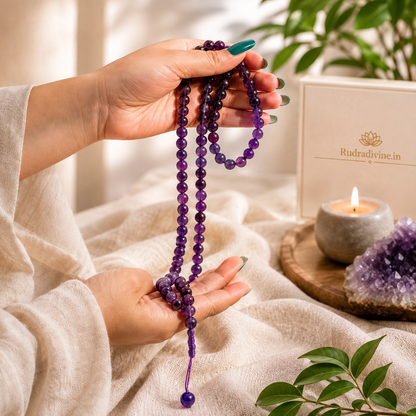 Amethyst Mala 54+1 Beads crafted with natural 8MM amethyst gemstones and official Lab Certificate by Rudra Divine for meditation, spiritual healing and daily chanting.