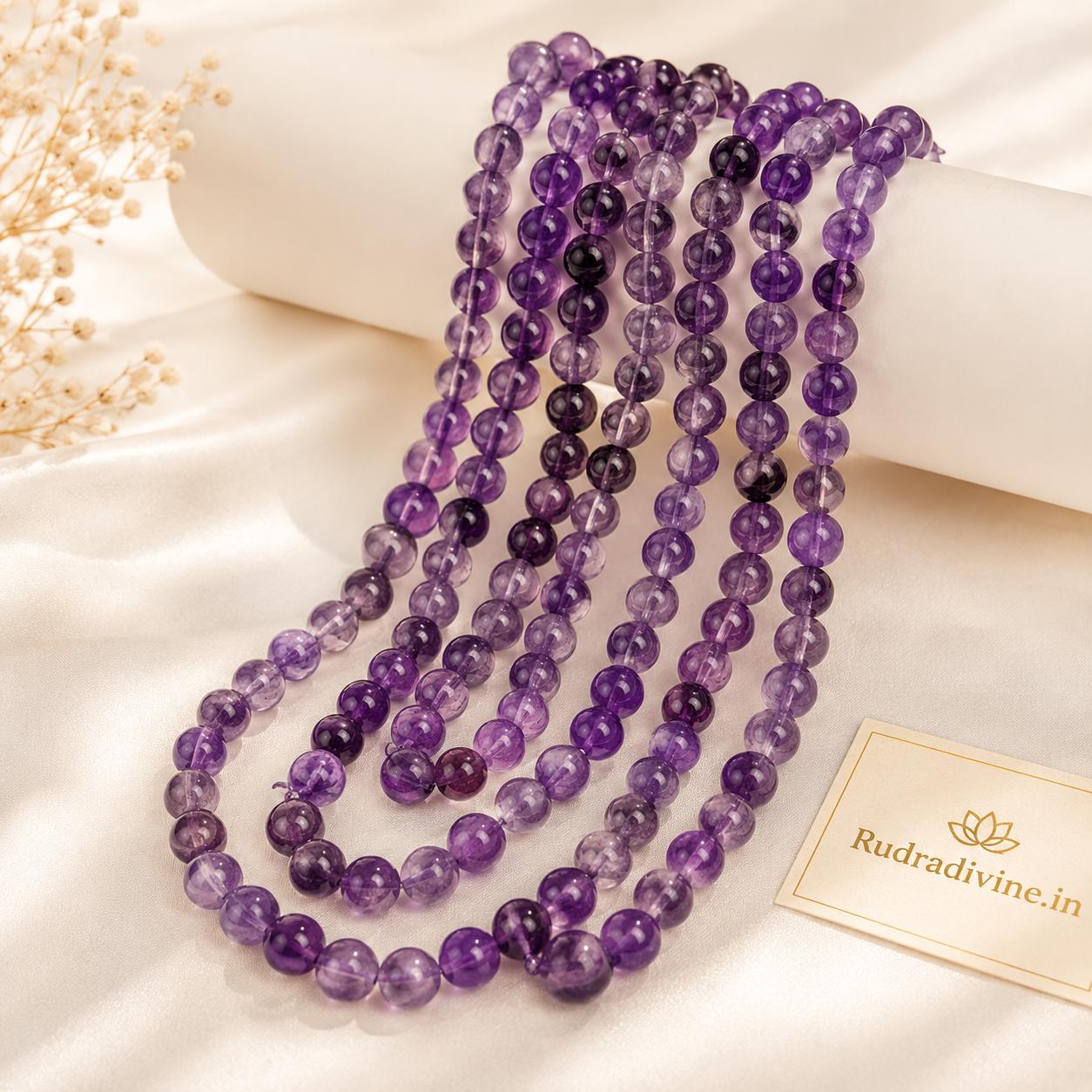 Amethyst Mala 54+1 Beads crafted with natural 8MM amethyst gemstones and official Lab Certificate by Rudra Divine for meditation, spiritual healing and daily chanting.