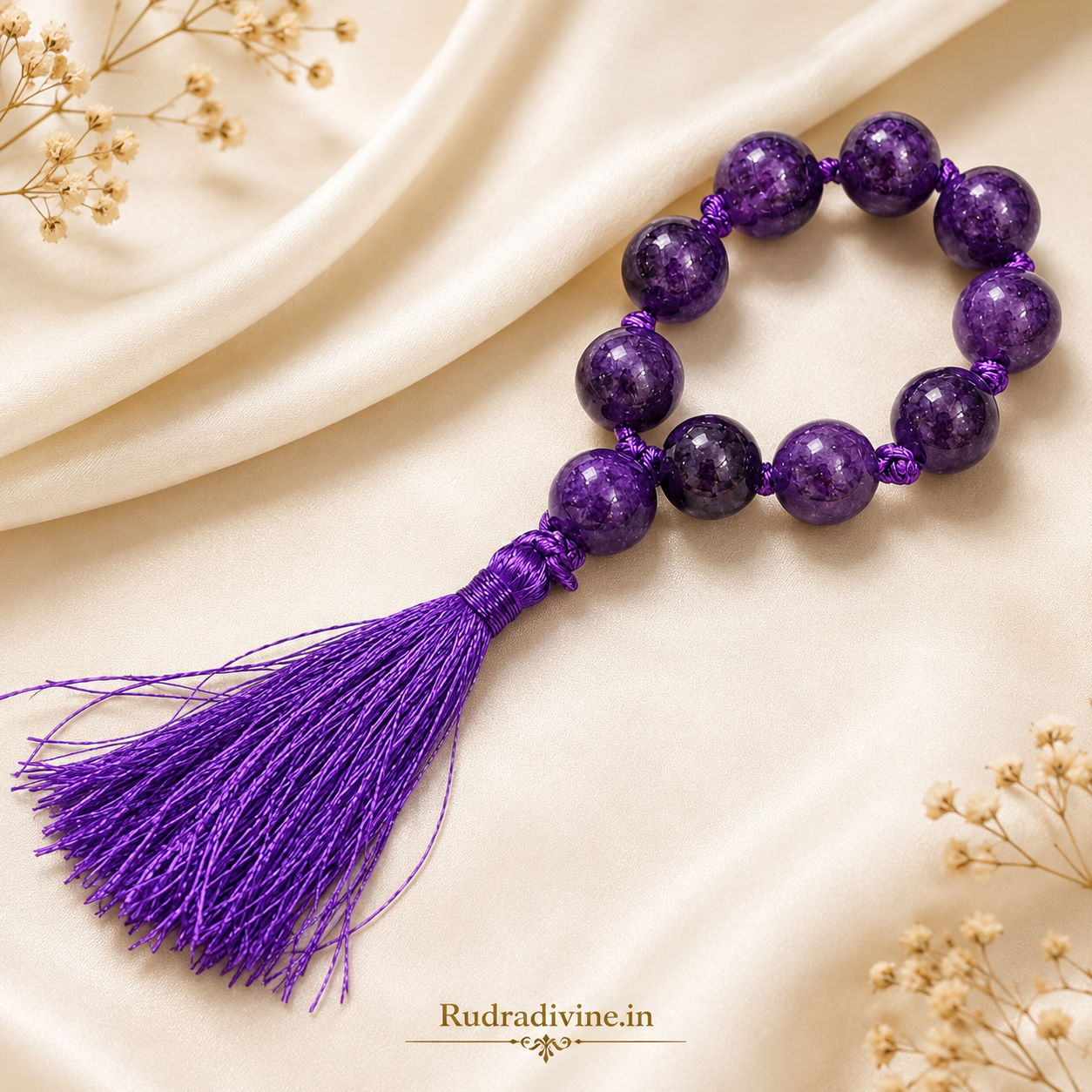 Amethyst Mala 9+1 Beads crafted with natural 8MM amethyst gemstones and official Lab Certificate by Rudradivine for meditation, spiritual healing and daily chanting.