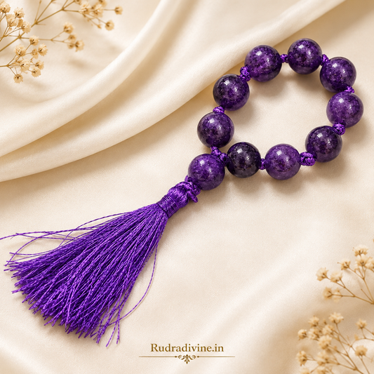 Amethyst Mala 9+1 Beads crafted with natural 8MM amethyst gemstones and official Lab Certificate by Rudradivine for meditation, spiritual healing and daily chanting.