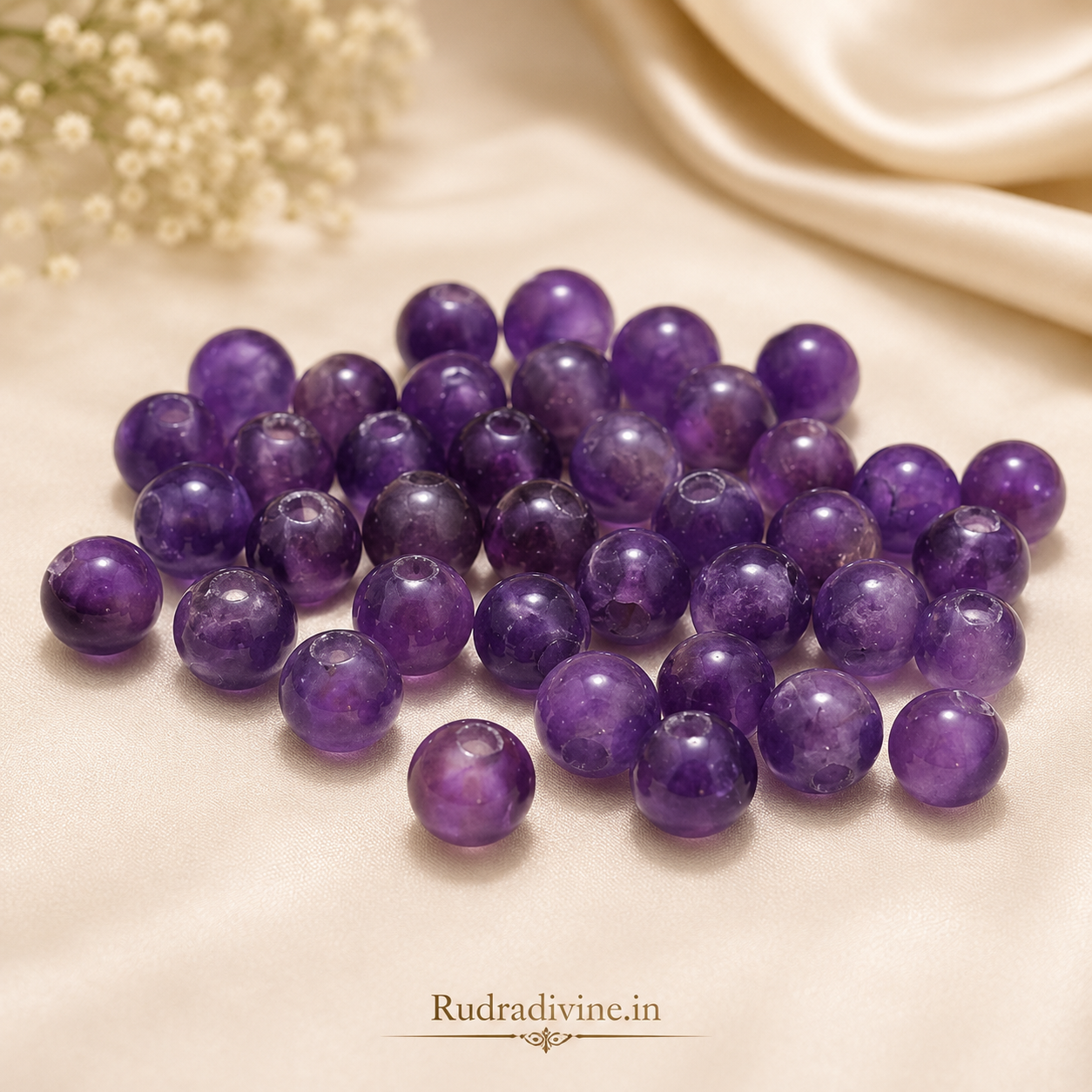 Amethyst Mala 9+1 Beads crafted with natural 8MM amethyst gemstones and official Lab Certificate by Rudradivine for meditation, spiritual healing and daily chanting.
