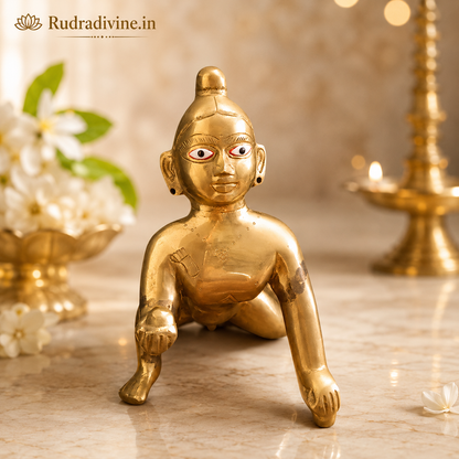 Ashtadhatu Brass Laddu Gopal Idol 10 Inch crafted with premium finish and official Lab Certificate by Rudradivine for home puja, divine blessings and spiritual prosperity.