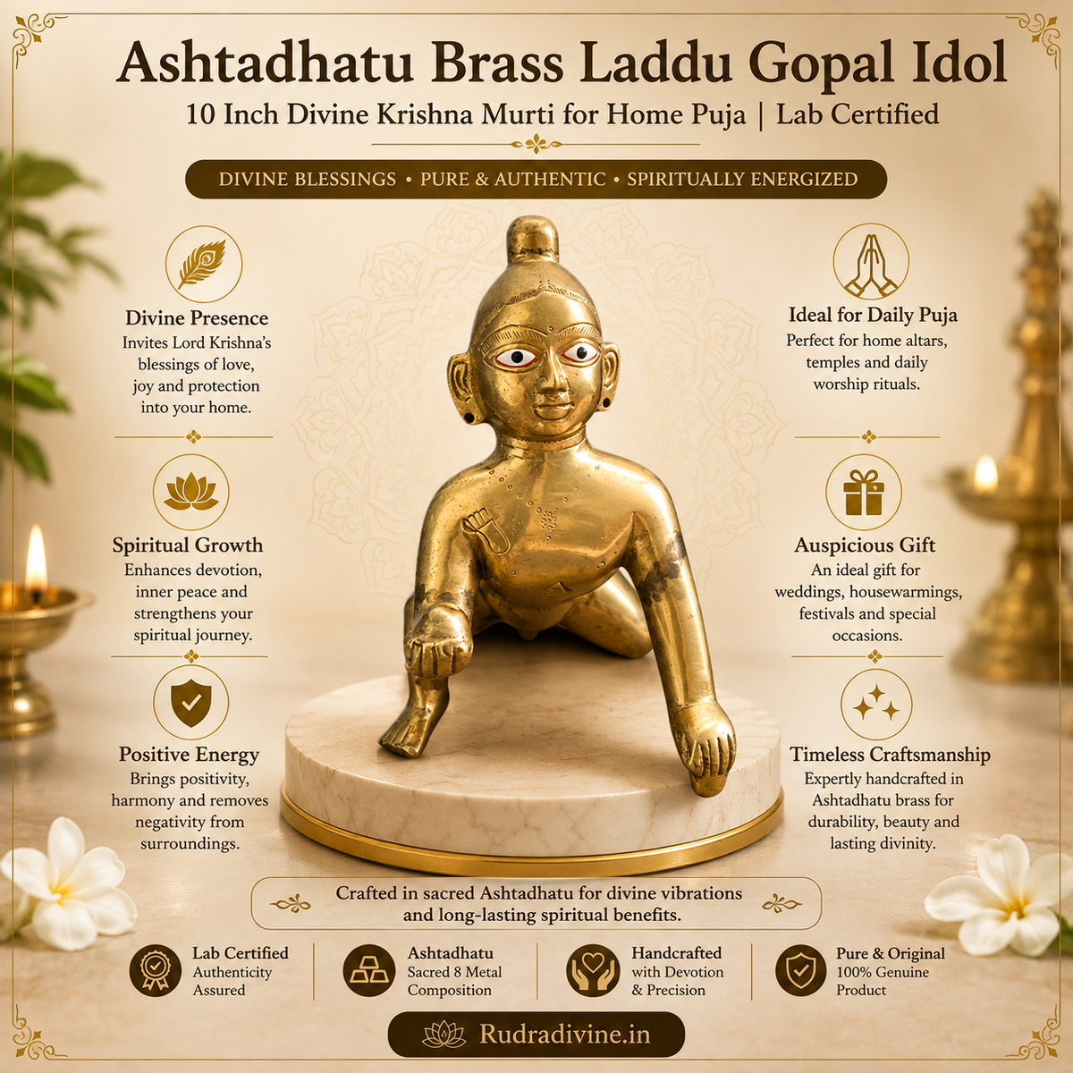 Ashtadhatu Brass Laddu Gopal Idol 10 Inch crafted with premium finish and official Lab Certificate by Rudradivine for home puja, divine blessings and spiritual prosperity.