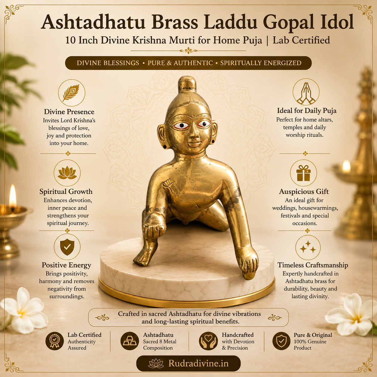 Ashtadhatu Brass Laddu Gopal Idol 10 Inch crafted with premium finish and official Lab Certificate by Rudradivine for home puja, divine blessings and spiritual prosperity.