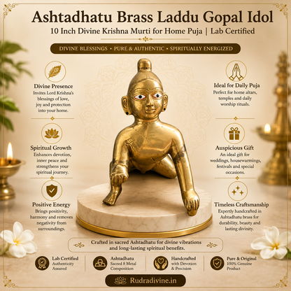 Ashtadhatu Brass Laddu Gopal Idol 10 Inch crafted with premium finish and official Lab Certificate by Rudradivine for home puja, divine blessings and spiritual prosperity.