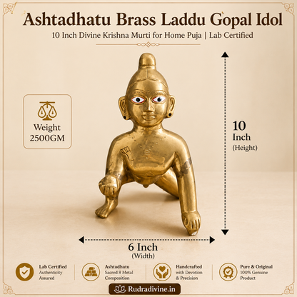 Ashtadhatu Brass Laddu Gopal Idol 10 Inch crafted with premium finish and official Lab Certificate by Rudradivine for home puja, divine blessings and spiritual prosperity.