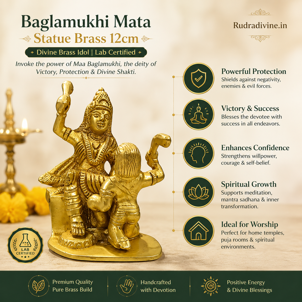 Baglamukhi Mata Brass Statue 12cm with official Lab Certificate by Rudradivine, symbolizing divine protection, victory, courage, spiritual strength and blessings for home temple.