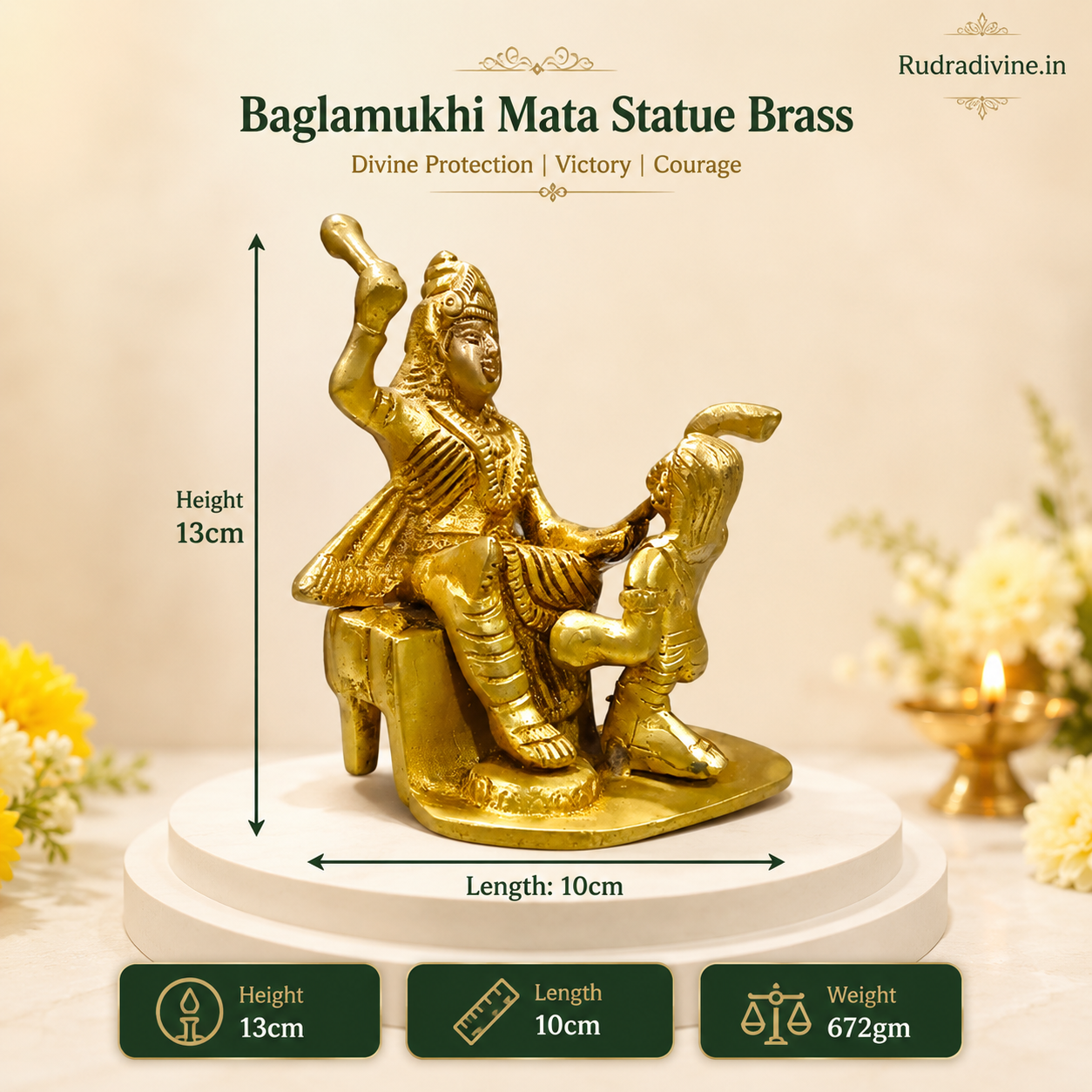 Baglamukhi Mata Brass Statue 12cm with official Lab Certificate by Rudradivine, symbolizing divine protection, victory, courage, spiritual strength and blessings for home temple.
