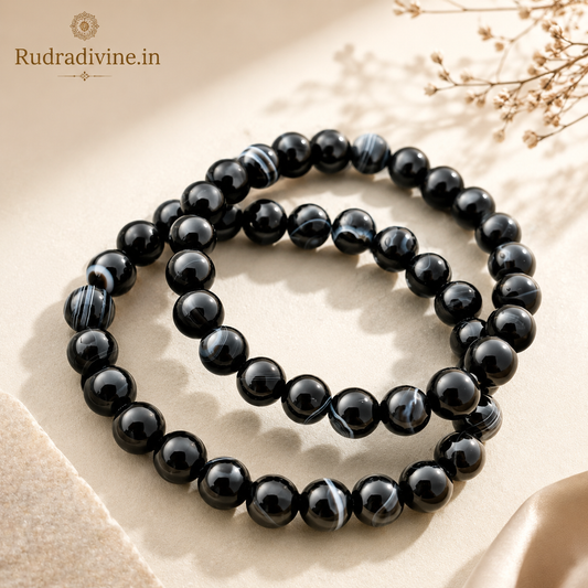Black Agate Bracelet 8MM Beads crafted with natural Blue Agate gemstones and official Lab Certificate by Rudra Divine for emotional balance, protection, and spiritual wellness.