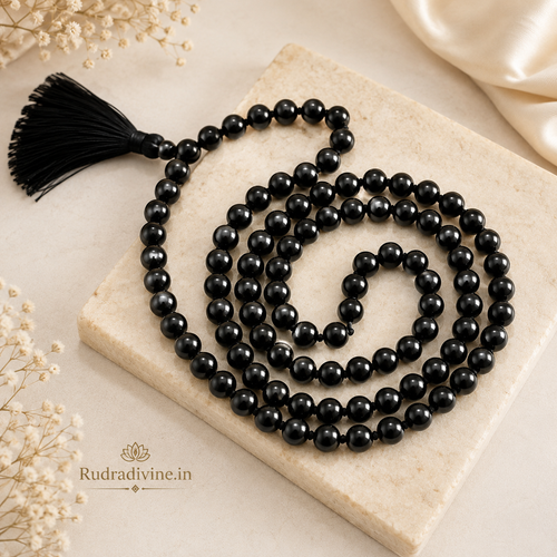 Black Agate Mala 108+1 Beads crafted with natural 8MM Black Agate gemstones and official Lab Certificate by Rudradivine for meditation, mantra chanting and spiritual wellness.