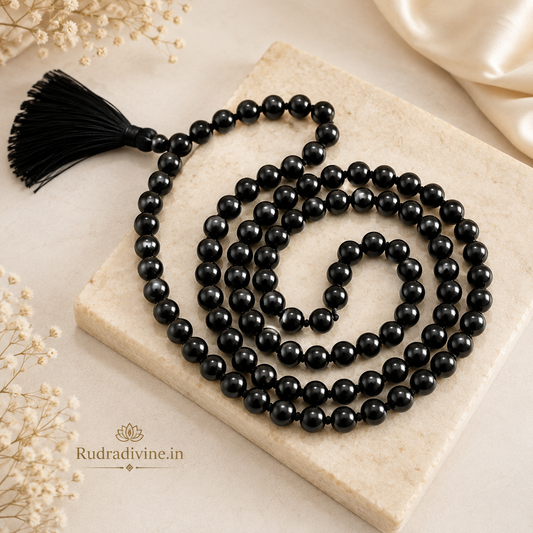 Black Agate Mala 108+1 Beads crafted with natural 8MM Black Agate gemstones and official Lab Certificate by Rudradivine for meditation, mantra chanting and spiritual wellness.