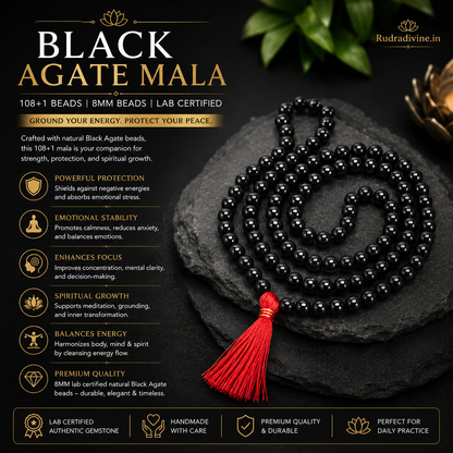 Black Agate Mala 108+1 Beads crafted with natural 8MM Black Agate gemstones and official Lab Certificate by Rudra Divine for meditation, mantra chanting and spiritual wellness.