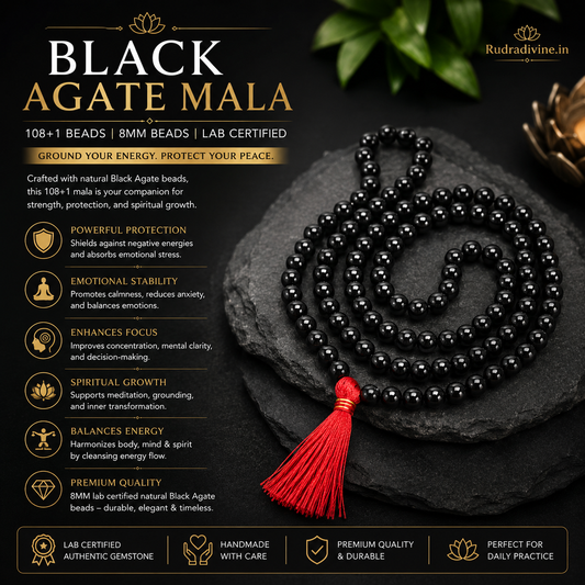 Black Agate Mala 108+1 Beads crafted with natural 8MM Black Agate gemstones and official Lab Certificate by Rudra Divine for meditation, mantra chanting and spiritual wellness.