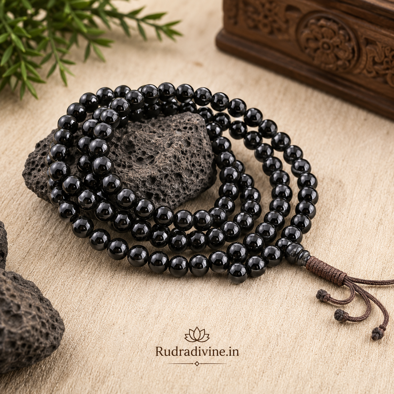 Black Agate Mala 108+1 Beads crafted with natural 8MM Black Agate gemstones and official Lab Certificate by Rudra Divine for meditation, mantra chanting and spiritual wellness.